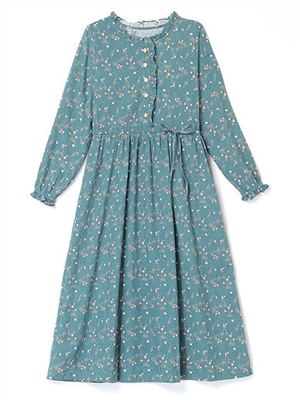 Floral Retro Printed Long Sleeve Adjustable Waist MIDI Length Dress
