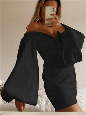 Black and Sexy Off the Shoulder Deep V-Neckline Puff Sleeve Short Skirt Dress