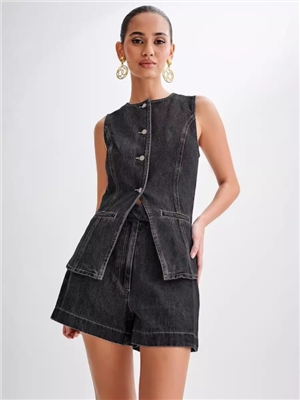 Sleeveless high waisted women's denim shorts set
