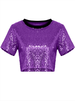 Fashion sequined round neck short-sleeved short T-shirt, good quality with inner lining