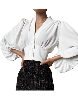 French V-neck Women's Shirt European and American Palace Style Lantern Sleeve Slim Long Sleeve Shirt