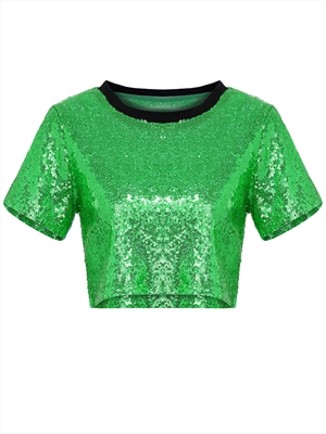 Fashion sequined round neck short-sleeved short T-shirt, good quality with inner lining