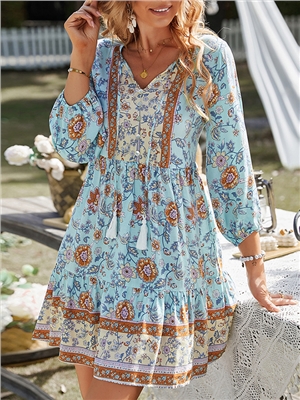 Spring and summer 3/4 sleeves v-neck tassel boho shift dress
