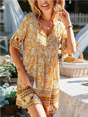 Spring and summer print v-neck button shift 1/2 sleeves boho dress
