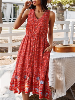 Women print flower v-neck button boho A-line midi dress