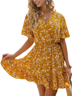 Print flower short  sleeves v-neck A-line casual  dress