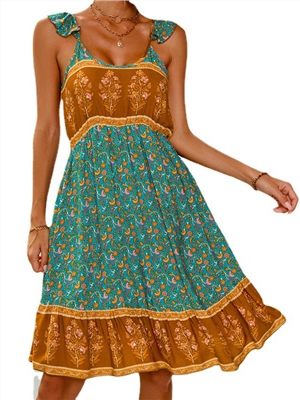 Summer print sleeveless straps boho vacation  A-line dress