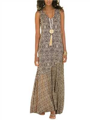 Print sleeveless v-neck sheath boho vacation maxi tank dress