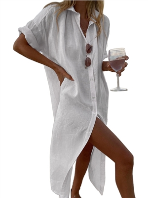 Solid color long sleeves lapel button shift shirt dress