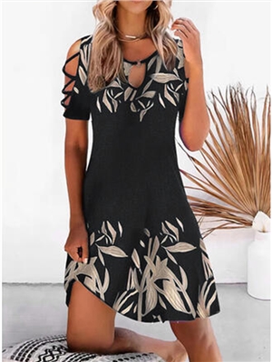 Print leaves short  sleeves cold shoulder casual  dress