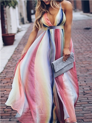 Chiffon print rainbow color gradient sleeveless A-line backless sexy slip dress