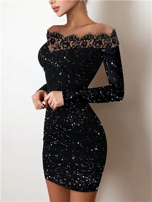 Solid color lace long sleeves bodycon off the shoulder elegant little black dress