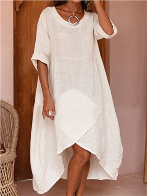 Solid color short sleeves shift round neck vacation dress