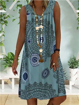 Print lace sleeveless v-neck boho vacation tank dress
