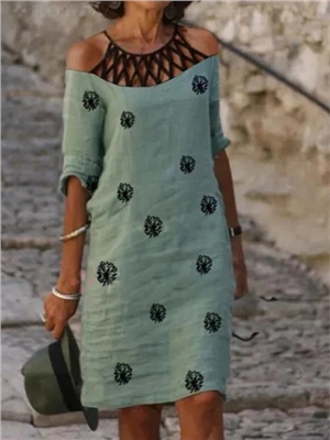 Print short sleeves cold shoulder boho vacation shift dress