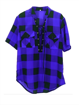 Ladies Lace Short Sleeve Plaid Shirt