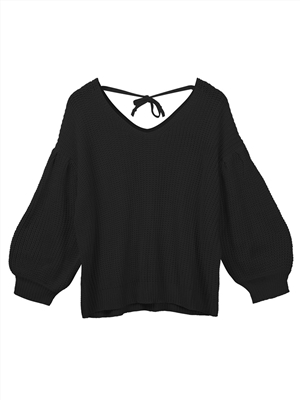 Women's Solid Color V-neck Knit Loose Backless Lantern Sleeve Sweater