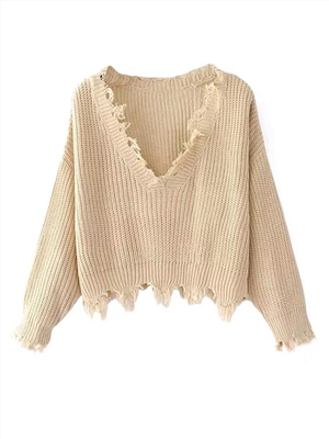 Women's sweater V-neck pullover loose hole sweater