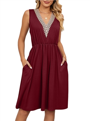 Spring and summer solid color V-neck sleeveless pockets A-line casual dress