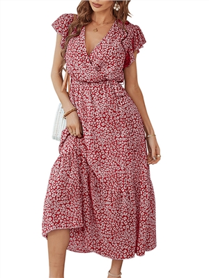 Summer print short sleeves v-neck vacation midi wraps A-line dress