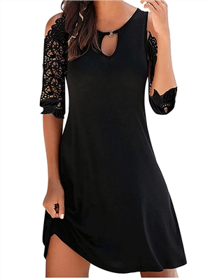 Solid color lace 1/2 sleeves cold shoulder neck shift elegant dress