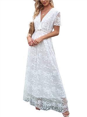 Women's solid color lace v-neck short sleeves elegant A-line maxi dress