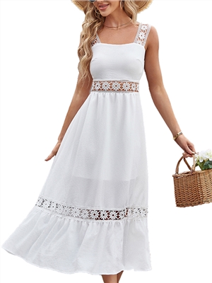 Women's solid color lace hollow strap backless A-line sexy vacation midi dress