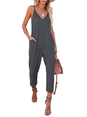 Women summer solid color spaghetti strap pocket casual jumpsuits
