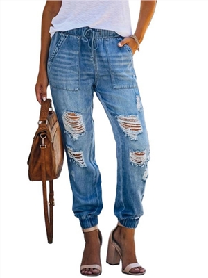 Mid waist solid pocket shirred ripped button denim skinny long jeans