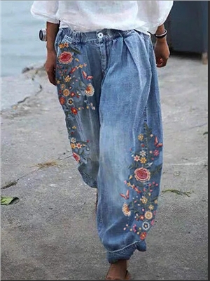 Mid waist print flower pocket shirred ripped button denim skinny long jeans
