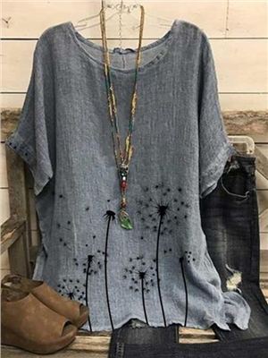 Dandelion print crewneck short sleeve casual blouses