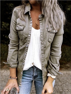 Solid color long sleeves lapel button denim shirts coats