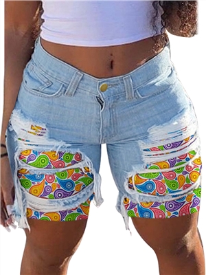 Mid waist print pocket shirred ripped button denim skinny shorts denim & jeans