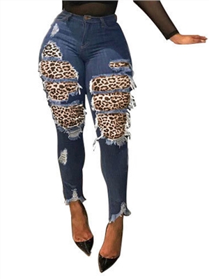 Mid waist print pocket shirred ripped button denim skinny long jeans