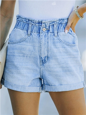 Mid waist solid pocket shirred button denim shorts jeans