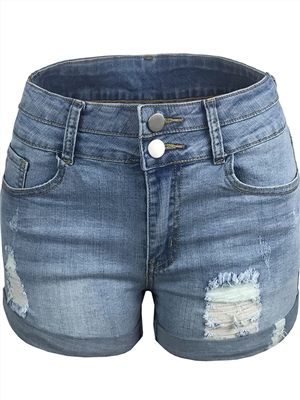 Mid waist solid pocket shirred ripped button denim shorts jeans