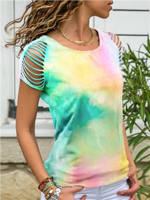 Tie dye ripped off-the-shoulder short sleeve T-shirt
