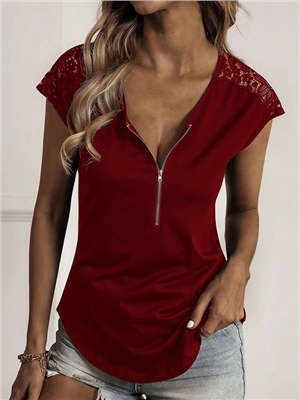Solid lace V-neck zippered short sleeve blouses