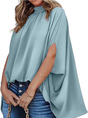 Solid color stand up collar bat sleeve short sleeve blouses