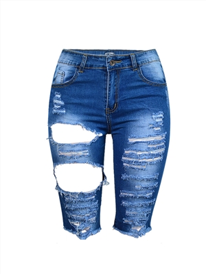 High-waisted personality ripped fringed edge slim stretch denim midpants in large size