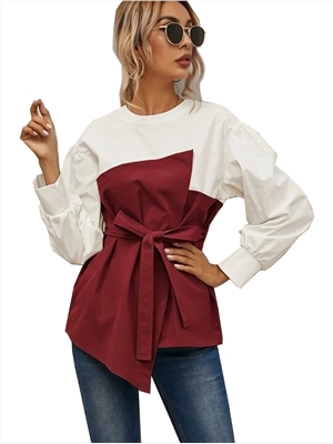 Spring and summer new round neck solid color stitching loose loose European and American hedging lantern sleeve shirt with belt