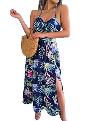 Print leaves sleeveless A-line split midi boho vacation dress