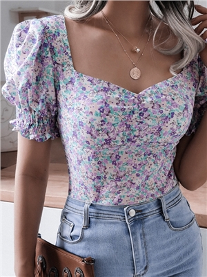 Floral print V-neck short  puff sleeves tight blouses
