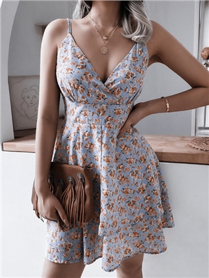Floral print Spaghetti Straps sleeveless A-line backless boho dress