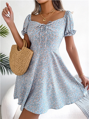 Floral print v-neck short sleeves A-line boho dress