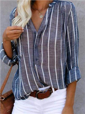 Stripe V-neck long sleeve single breaste casual shirts