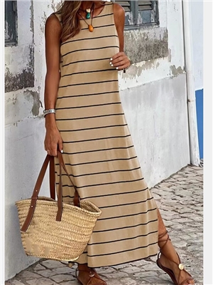 Stripe sleeveless crew neck casual vacation maxi tank dress