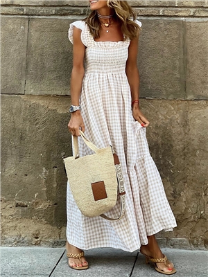 Plaid sleeveless square neck A-line maxi vacation resort dress