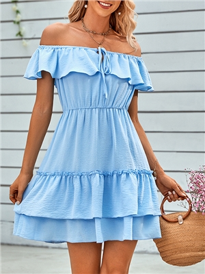 Solid color short sleeves A-line off-the-shoulder casual dress