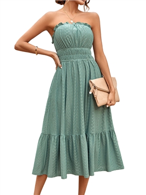 Solid color sleeveless strapless A-line midi casual dress